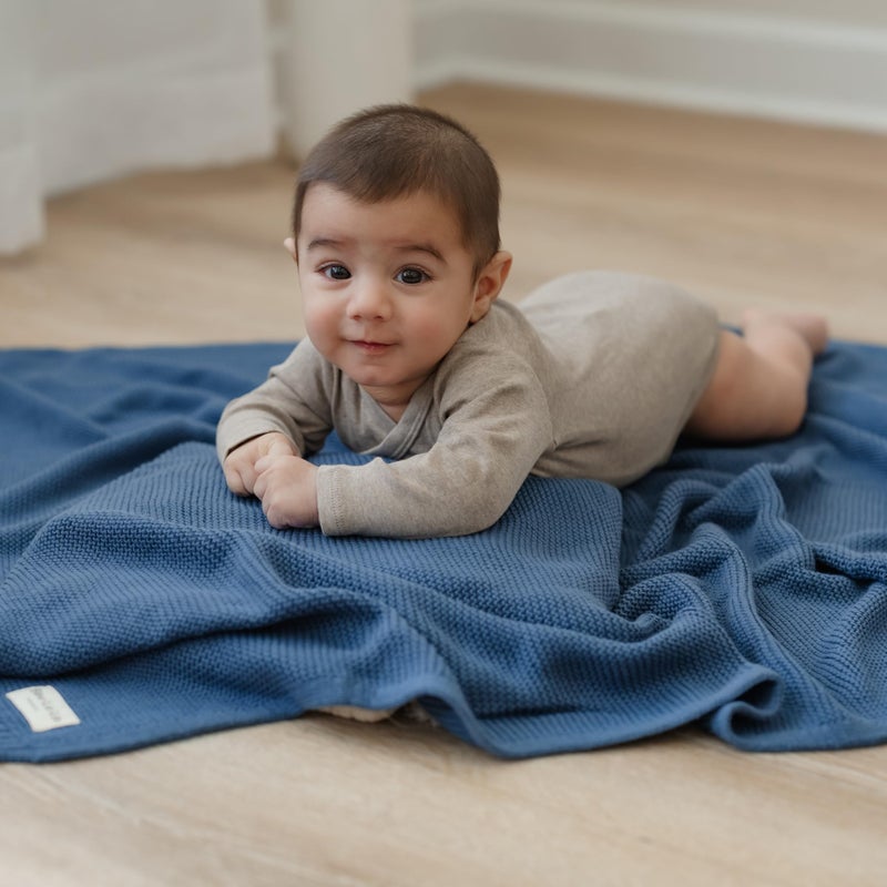 Bleu La La Heritage Knit Organic Cotton Receiving Swaddle Blanket for Boys - 100% Organic Soft Luxury Cotton Warm Cuddle Swaddling Blanket for Newborns Infants Toddler 36" x 32" (0-2Yrs - Denim Blue) - Image 5
